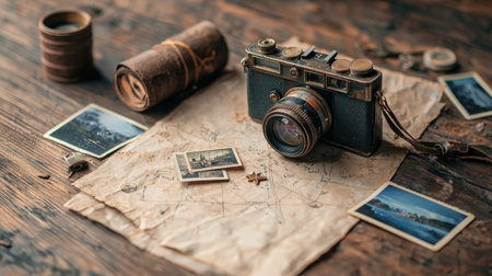 A vintage camera rests on an aged map alongside old photographs on a wooden table, evoking nostalgia and travel memories. Ideal for artistic projects.の素材
