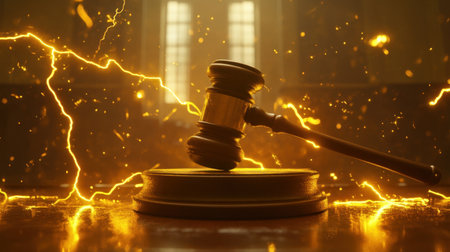 Yellow lightning surrounds a judge hammer on a courtroom table, representing the authority and impactful nature of legal decisionsの素材