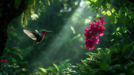 A vibrant hummingbird hovers near a pink orchid in a sunlit forest. The scene captures the beauty of nature, showcasing exquisite details amidst lush greenery.の素材