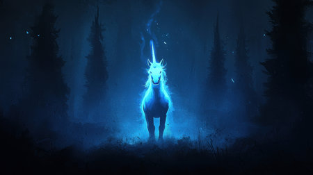 A captivating blue unicorn glows softly in a dark forest, creating a mystical and enchanting atmosphere. This ethereal scene evokes feelings of magic and tranquility.の素材