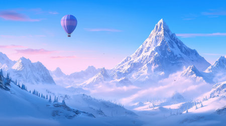 A vibrant hot air balloon glides gracefully over a breathtaking snowy mountain landscape under a clear blue sky, offering a serene travel experience.の素材