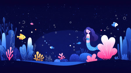 A whimsical underwater scene featuring a serene mermaid amidst vibrant corals and playful fish, creating an enchanting marine atmosphere. Perfect for fantasy themes.の素材