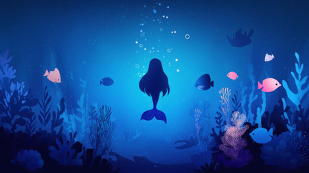 A stunning illustration of a serene underwater world featuring a mermaid silhouette surrounded by colorful fish and vibrant marine plants, creating a mystical atmosphere.の素材