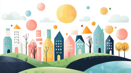 This vibrant and whimsical illustration depicts a colorful city landscape with charming houses, playful geometric shapes, and sunny hills, evoking a cheerful and serene atmosphere.の素材