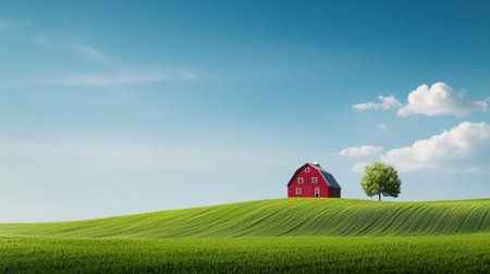 A picturesque scene featuring a bright red barn set against lush green hills under a clear blue sky. White clouds add charm to this peaceful rural landscape.の素材