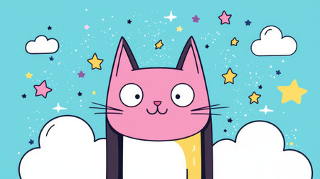 This vibrant cartoon cat features playful colors and whimsical elements, perfect for adding a cheerful touch to any design or project.の素材