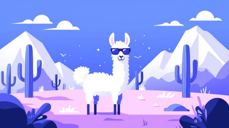 This vibrant illustration features a stylish cartoon llama wearing sunglasses, set against a beautiful desert landscape with cacti and mountains.の素材