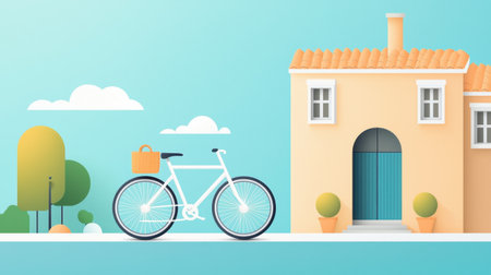 A delightful scene featuring a charming house with a white bicycle parked outside, embraced by a sunny sky. Ideal for lifestyle and travel themes.の素材