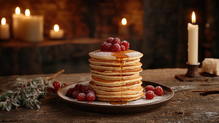 A tempting stack of fluffy pancakes drizzled with warm maple syrup and topped with fresh berries, beautifully presented in a cozy, rustic setting with soft candlelight.の素材