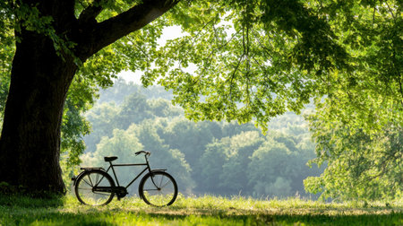 A serene setting featuring a bicycle resting under a large, leafy tree in a vibrant green meadow. The soft morning light casts beautiful shadows, creating a peaceful atmosphere perfect for relaxation and inspiration.の素材