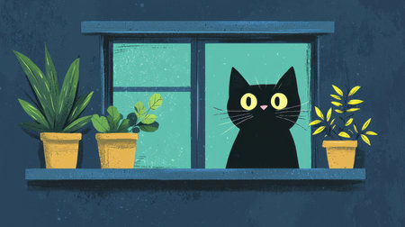 A charming illustration of a curious black cat peering out of a window, surrounded by vibrant potted plants. This colorful and cozy artwork invites a sense of tranquility and creativity.の素材