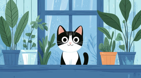 A joyful cartoon cat with striking black and white fur sits on a windowsill, surrounded by vibrant green plants in lush pots, creating a cozy indoor atmosphere.の素材