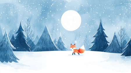 Soft watercolor illustration of a lone fox walking through a snow-covered forest under the glow of the full moonの素材
