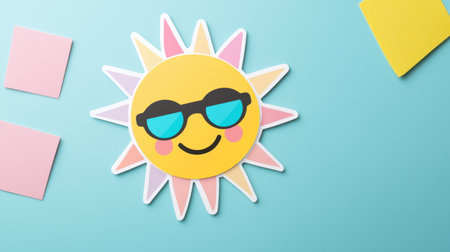 A cheerful sun wearing sunglasses rests on a soft blue background, surrounded by colorful shapes. Perfect for summer-themed projects and joyful designs.の素材