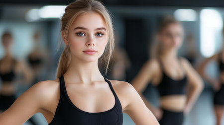 A young woman stands confidently in a dance studio, showcasing strength and focus while other dancers blur in the background, embodying passion for movement.の素材