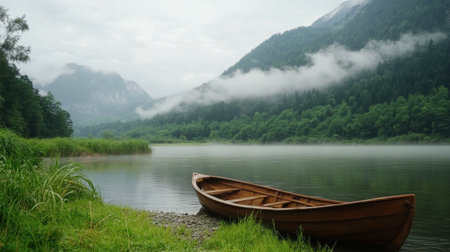 An old wooden boat sits quietly by the river, with foggy mountains in the background and grassland nearby, creating a tranquil, nature-filled scene.の素材