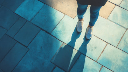 An individual walking through the city with a sharp shadow cast on the pavement, symbolizing solitude and urban life.の素材