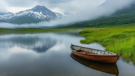 A wooden boat resting near a calm river, surrounded by grassland and snowy mountains on a foggy, overcast day.の素材