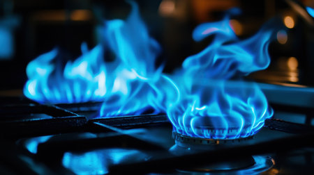 Blue flames burn steadily on a gas stove, their vibrant color and heat providing a striking visual in a kitchen setting.の素材
