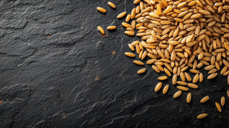 Top view of a heap of rice seeds on a table, creating a textured pattern with grains scattered around, ideal for food backgrounds or organic design.の素材