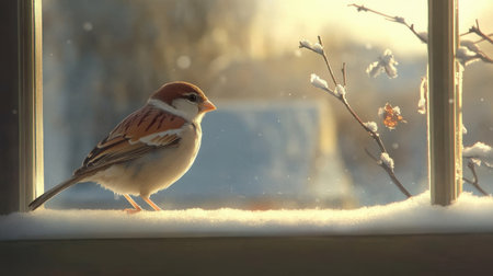 Close-up of a sparrow perched on a window ledge, creating a gentle, peaceful moment between nature and homeの素材