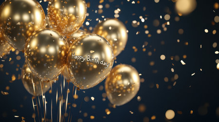 Elegant golden birthday balloons floating with confetti in the air, celebrating a birthday with "Happy Birthday" typography balloons.の素材
