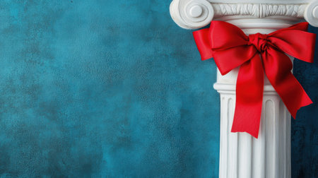Elegant white stone columns and red ribbons against a blue wall, creating a sophisticated scene for an awards ceremony photoshoot.の素材