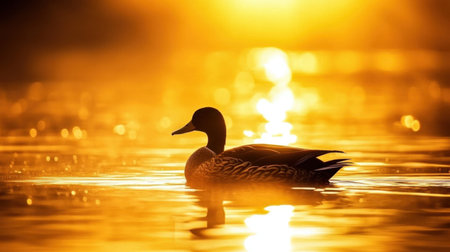 Silhouette of a duck swimming on a calm river at golden hour, the warm light reflecting on the water and creating a serene atmosphere.の素材