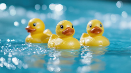 Three yellow rubber ducks with water droplets on their smooth surfaces, floating on a blue background in a playful scene.の素材