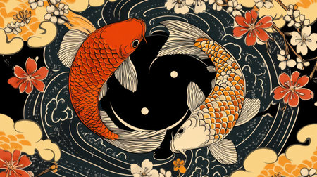 Top-view illustration of two fish in a yin-yang formation, with Japanese floral blossoms creating a tranquil, artistic design.の素材