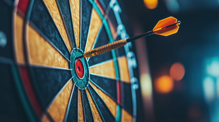 A dart firmly embedded in the center of a dartboard, highlighting a perfect shot, with the dartboard colorful segments in the background.の素材