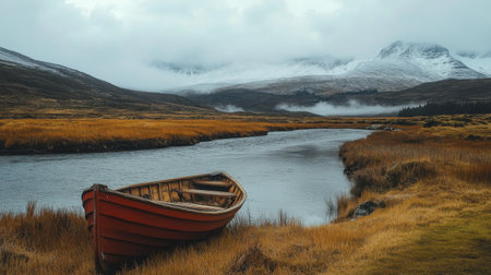 Wooden boat near a river and grassland, with snowy mountains in the distance and fog rolling in, setting a serene, natural mood.の素材