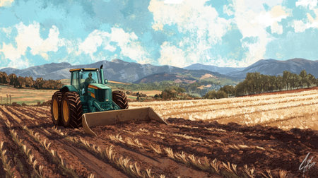 A farm scene with a tractor raking dirt and preparing fields for agriculture, the bucket in action against the earth.の素材