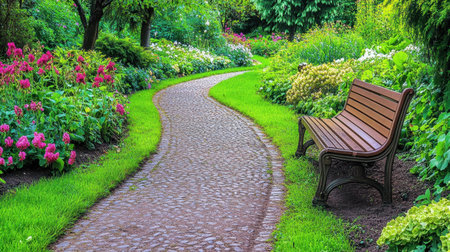 A newly paved garden path with clinker stones, bordered by flower beds and lush green foliage, leading to a wooden bench.の素材