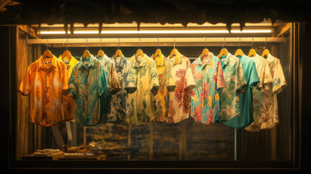 A lively assortment of Hawaiian shirts hangs on a rack, illuminated by warm lighting, showcasing vibrant vacation stylesの素材