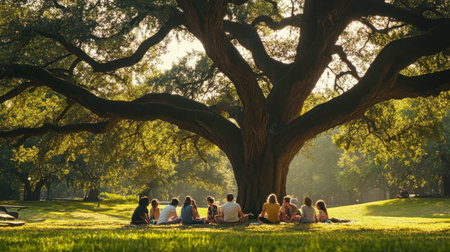 A diverse group of people sit beneath a large tree in a peaceful park, enjoying the beauty of nature and each other's company.の素材