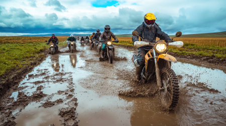 A group of adventurous motorcyclists riding through a muddy field, their bikes splashing through puddles beneath a sky covered with clouds.の素材