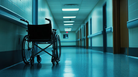 A hospital hallway with an empty wheelchair positioned near the wall, providing a sense of readiness and patient care.の素材