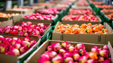 Bright pink and orange roses carefully packed in boxes, wholesale floral supply in a large warehouse, with flowers ready for shipmentの素材