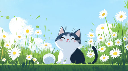 A cheerful cat enjoys a sunny day in a field of daisies, surrounded by lush grass and a bright blue sky. This illustration captures pure joy and playfulness.の素材