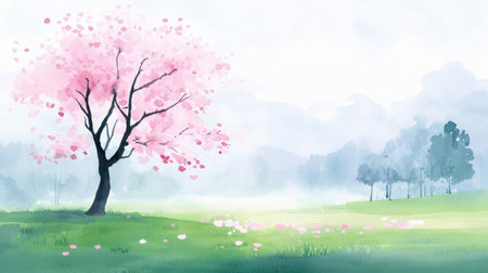 A tranquil scene showcasing a pink cherry blossom tree standing alone in a misty field. This watercolor artwork captures the serene beauty of nature.の素材