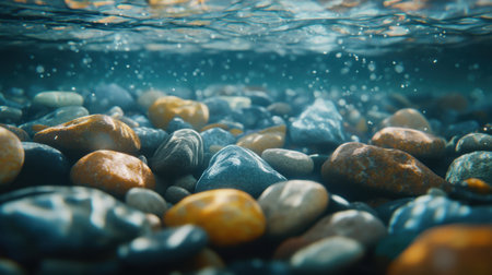 Close-up of underwater pebbles in various shapes and colors, showcasing the beauty and diversity of natural stones beneath the water.の素材