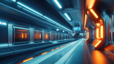 Futuristic station hallway with minimalist architecture, soft lighting from the roof, and windows lining the platform, creating a modern and serene space.の素材