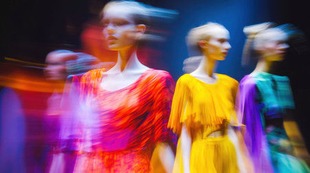 Blurred motion of models on a colorful fashion runway, bright outfits pop against the dimly lit audience backdropの素材