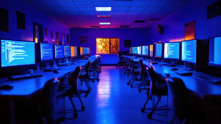Focused coding atmosphere in a modern computer lab, blue-lit screens display code on neatly arranged desksの素材