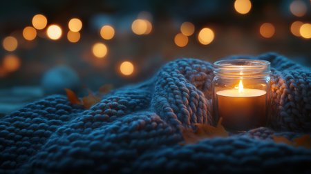 Cozy autumn evening with a flickering candle in a glass jar, knit textures and soft bokeh lights creating a tranquil settingの素材