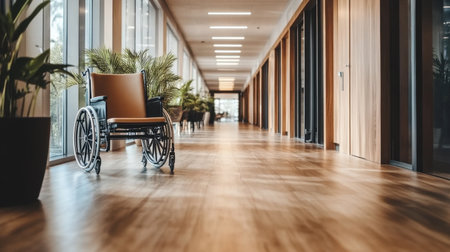 An empty wheelchair is positioned in a long, empty hallway of a modern healthcare facility, symbolizing care and support.の素材
