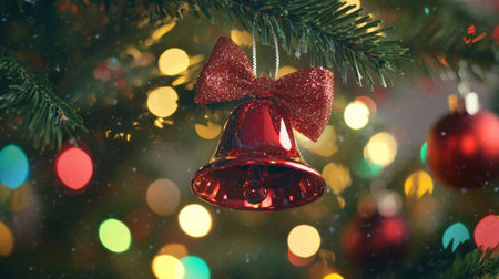 Festive red bell ornament hangs from a Christmas tree branch, glittery bow sparkling, surrounded by colorful bokeh holiday lightsの素材