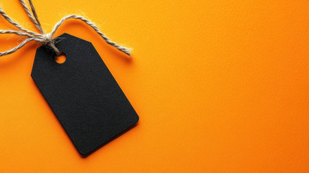 Close-up of black price tag with twine string, contrasting against a bold orange background in minimalist retail styleの素材