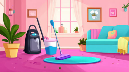 Cleaning tools like a mop, bucket, and detergent placed neatly next to a vacuum cleaner in a cozy living room with a fresh atmosphere.の素材